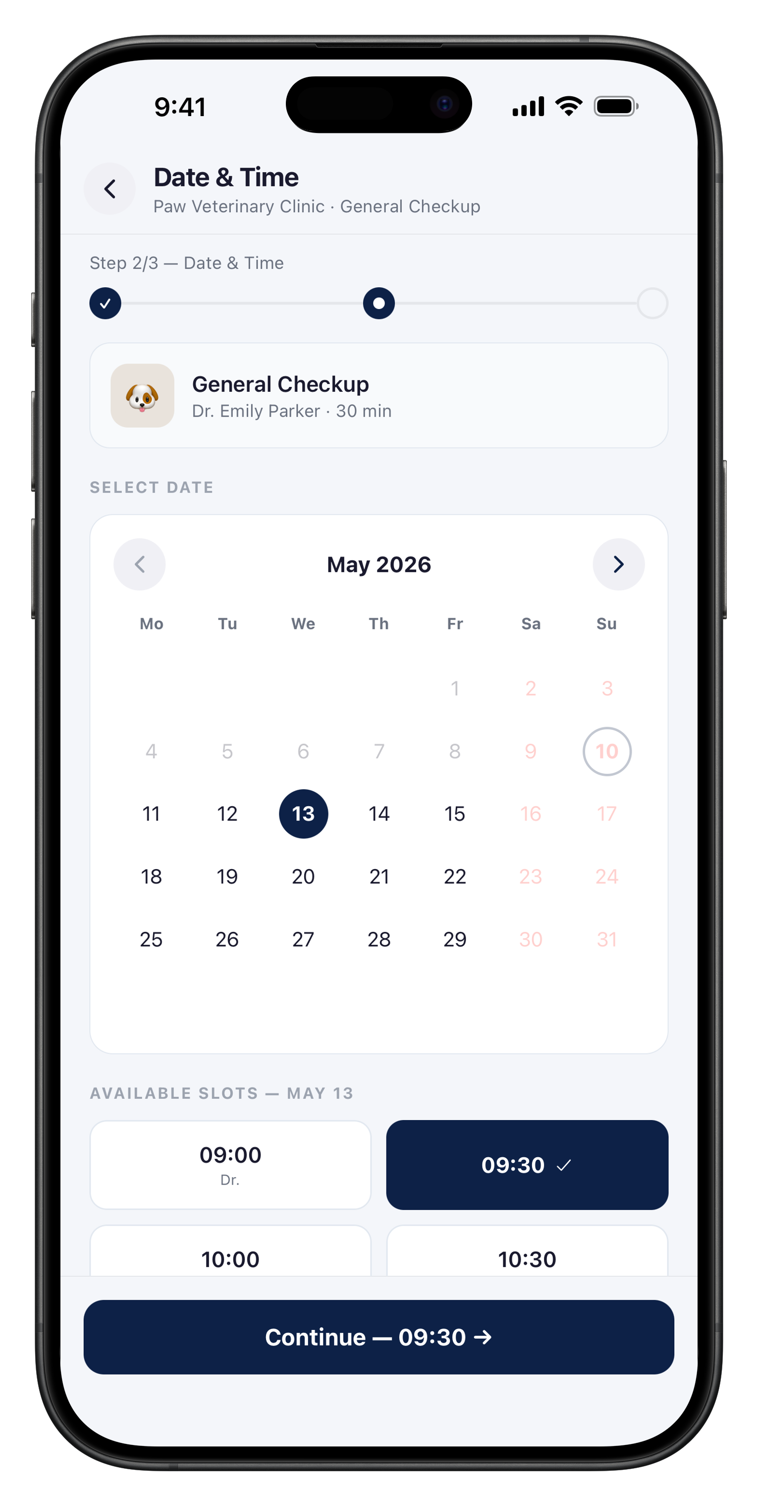 Make appointment screen